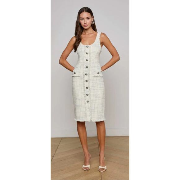 L'AGENCE Aya Tweed Midi Dress Vintage White Blue Check Preppy Academia | 12 NWT - Picture 1 of 16